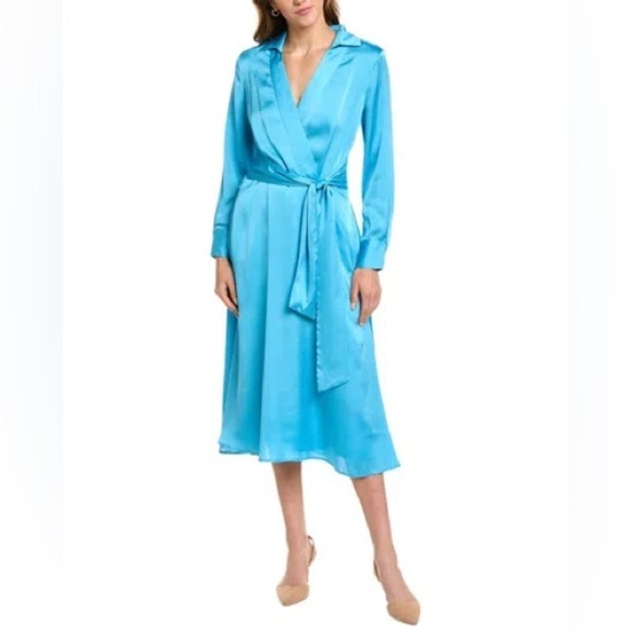 NWT TAHARI ASL Collared Midi Dress In Blue Faux Wrap Long Sleeve Sz 8 - Picture 1 of 14